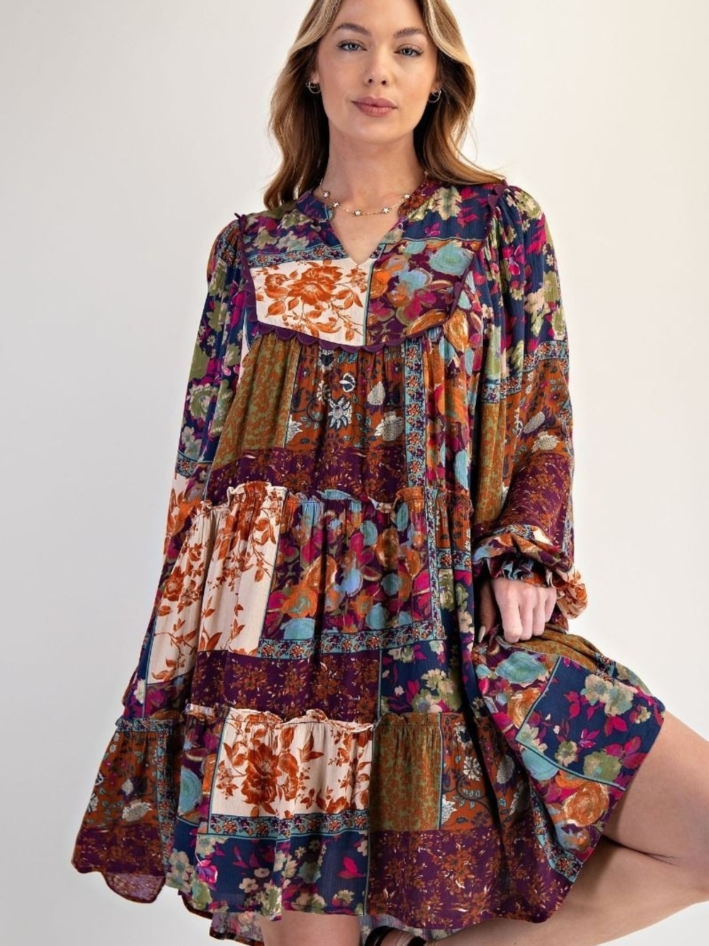 5-0908 - Fall Floral Patchwork Tiered Dress - Burgundy Multi